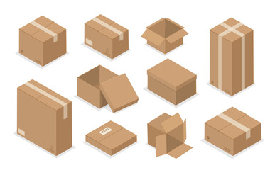 Isometric boxes set. Cardboard boxes with parcels and goods. Empty open and closed boxes. Transportation and logistics, shipping. 3D vector collection