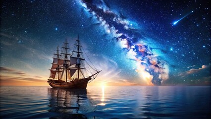 Obraz premium Ship sailing under starry sky
