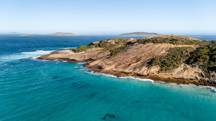 Aerial drone views over Twighlight beach in Esperance, Western Australia 