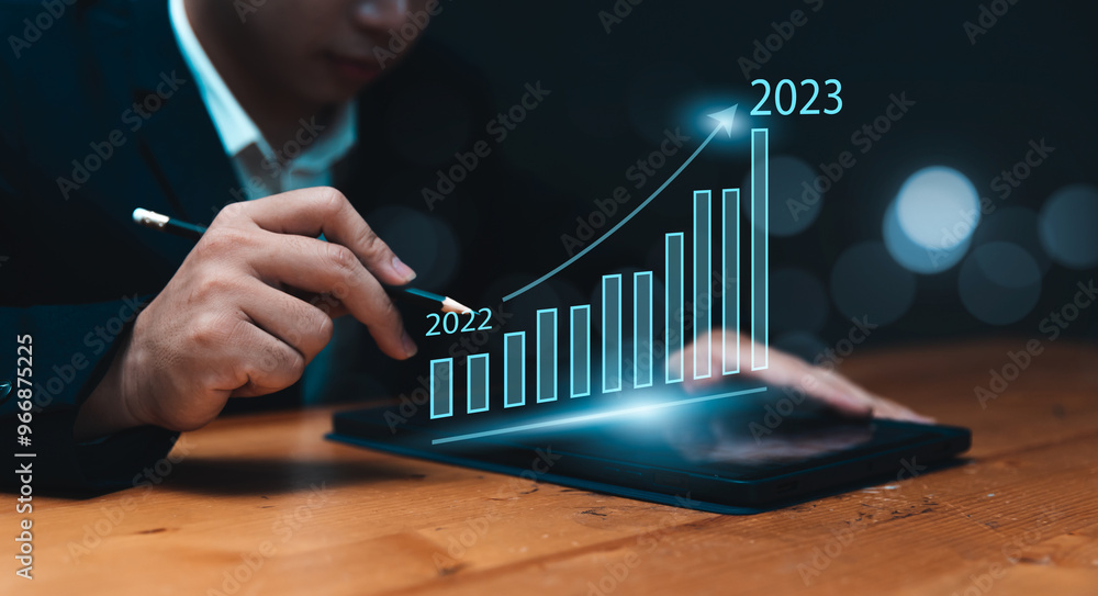 Poster businessman analyzing company's financial revenue and profit with value increasing charts calculatio