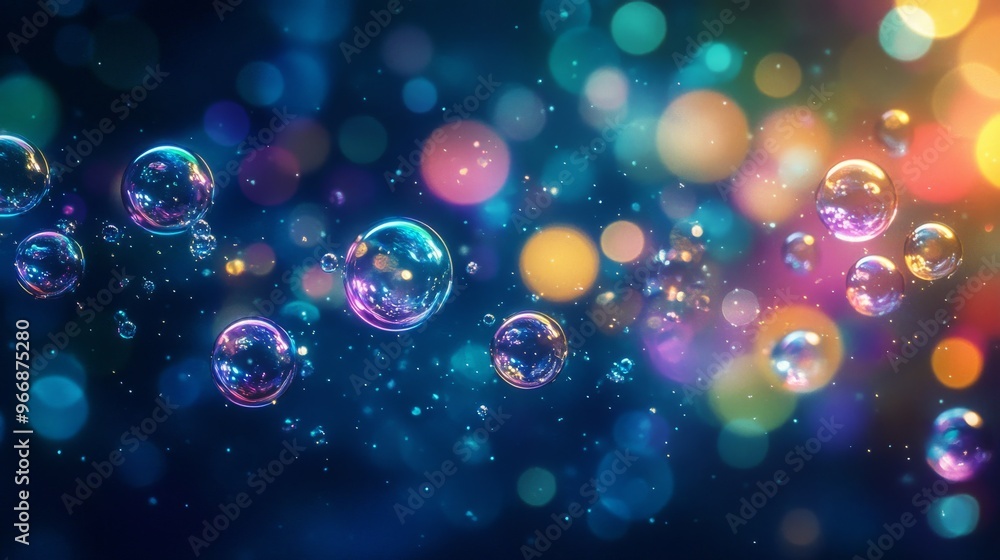 Poster iridescent bubbles floating in a blue and yellow bokeh background