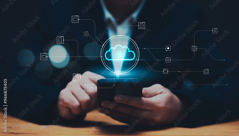 Poster businessman online internet cloud storage sharing data transferring information with others, sharing