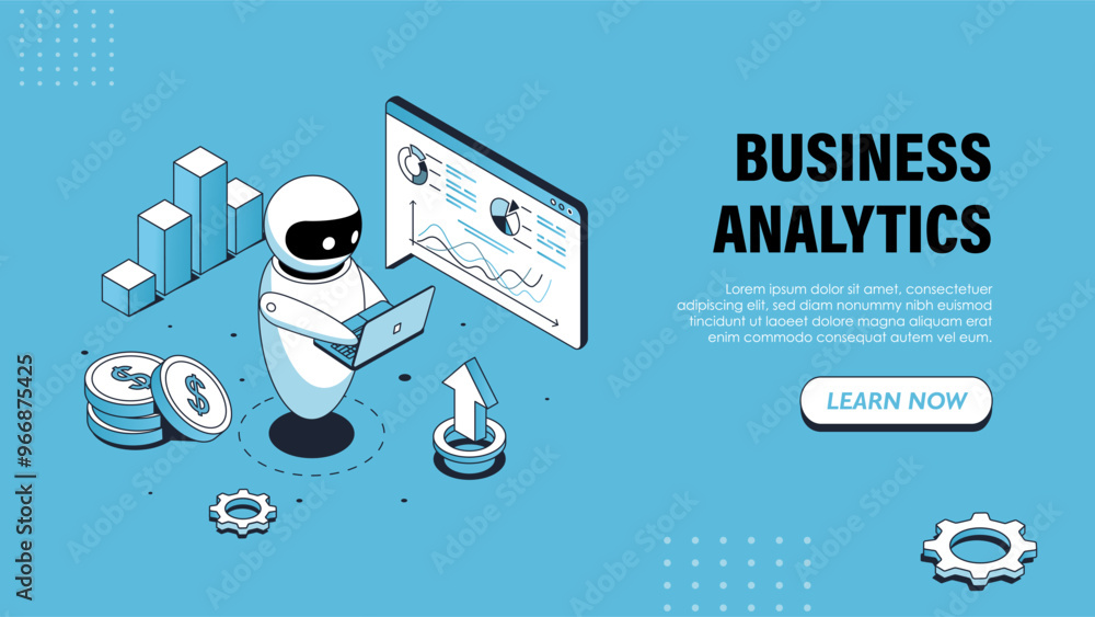 Poster isometric business analytics poster. internet bot with graphs, charts and diagrams. virtual assistan