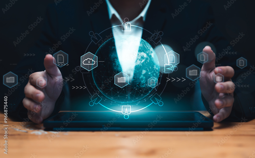 Poster businessman online internet sharing data transferring information with other people, sharing files a