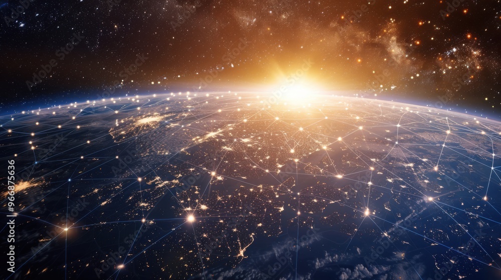 Poster global network - stock photo planet earth in outer space with network connection and sunlight