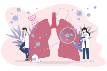 Pulmonology concept. The doctor checked his lungs and found coronavirus particle. Tuberculosis, pneumonia, lung cancer treatment or diagnostic. Medical concept. Vector illustration.	