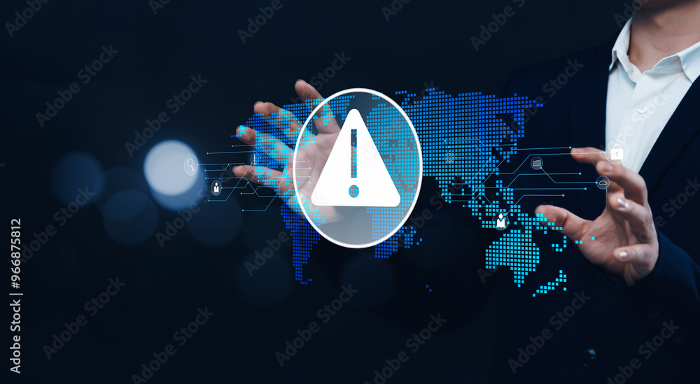 Poster securing the online data and information with business online global internet caution with holograph