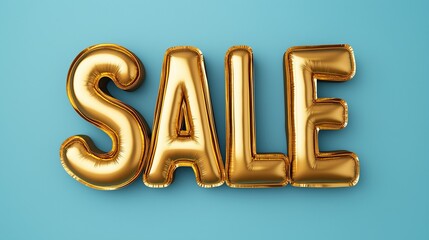 Bright golden balloons spell out 'SALE' against a turquoise background, perfect for promotional graphics and advertisements.