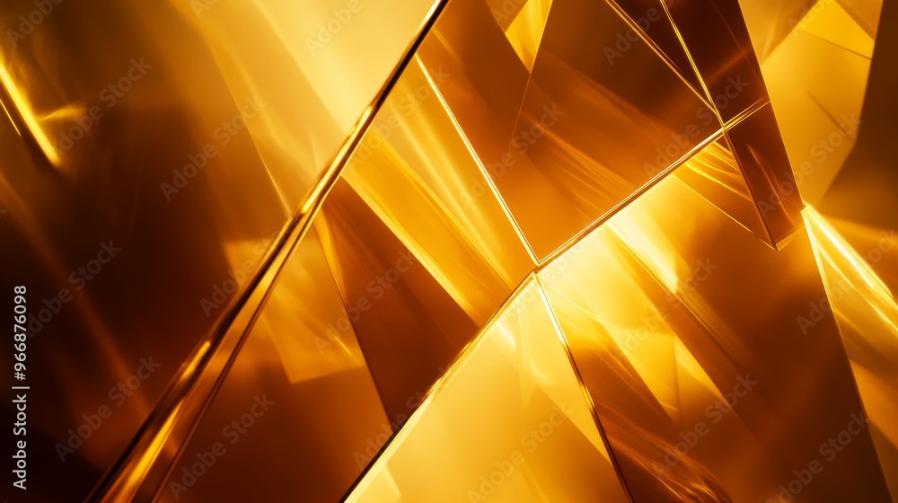 Poster golden light rays pass through geometric shapes, casting soft reflections and shadows that create an