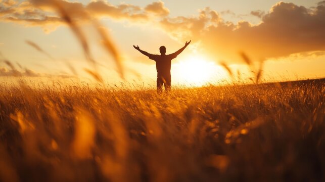 A man stands in a vast open field during sunset, arms lifted in prayer, embracing the warmth of the fading light and the serene atmosphere surrounding him