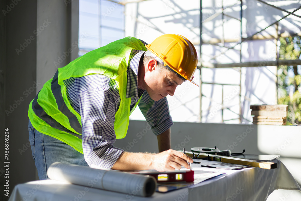 Poster caucasian man architect engineer construction working on blueprint design plan using compass drawing