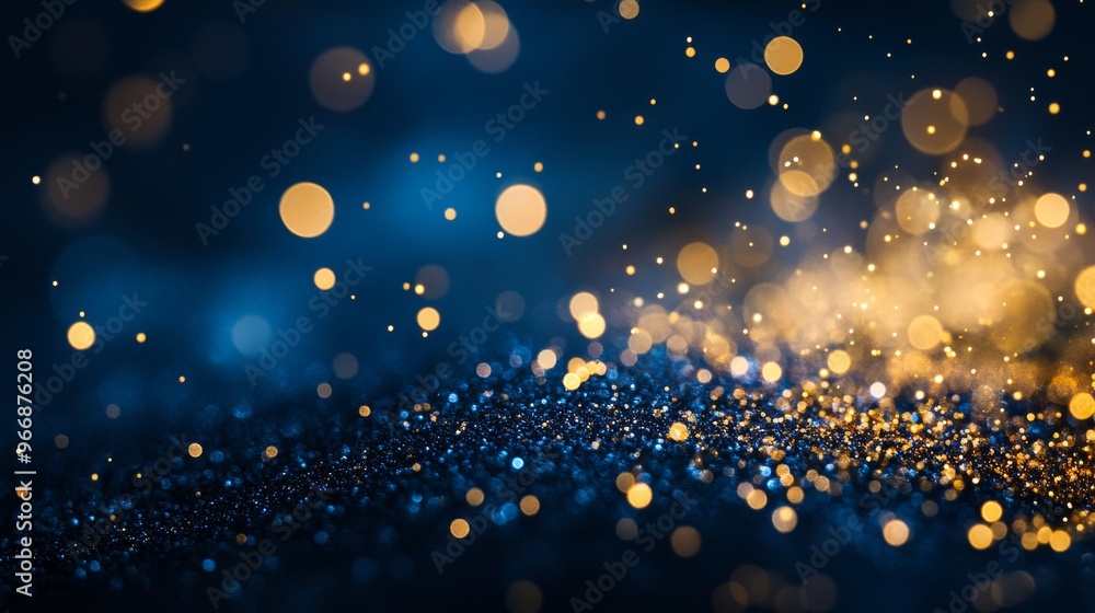 Poster dark blue and glowing gold particles scatter across the frame, creating a mesmerizing and abstract d