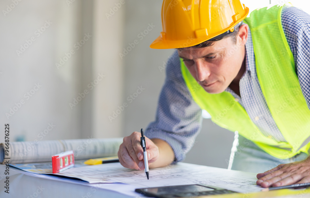 Poster caucasian man architect engineer concentrating with focus working on blueprint design plan using com