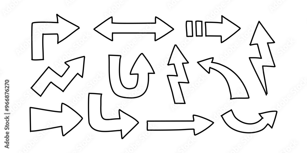 Poster outline arrows in hand-drawn style set vector collection. arrow icon. arrow. cursor simple arrows. o