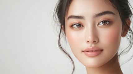 Naklejka premium A Japanese woman gazes softly at the camera, her flawless skin glowing under gentle lighting that enhances her natural beauty and serene expression
