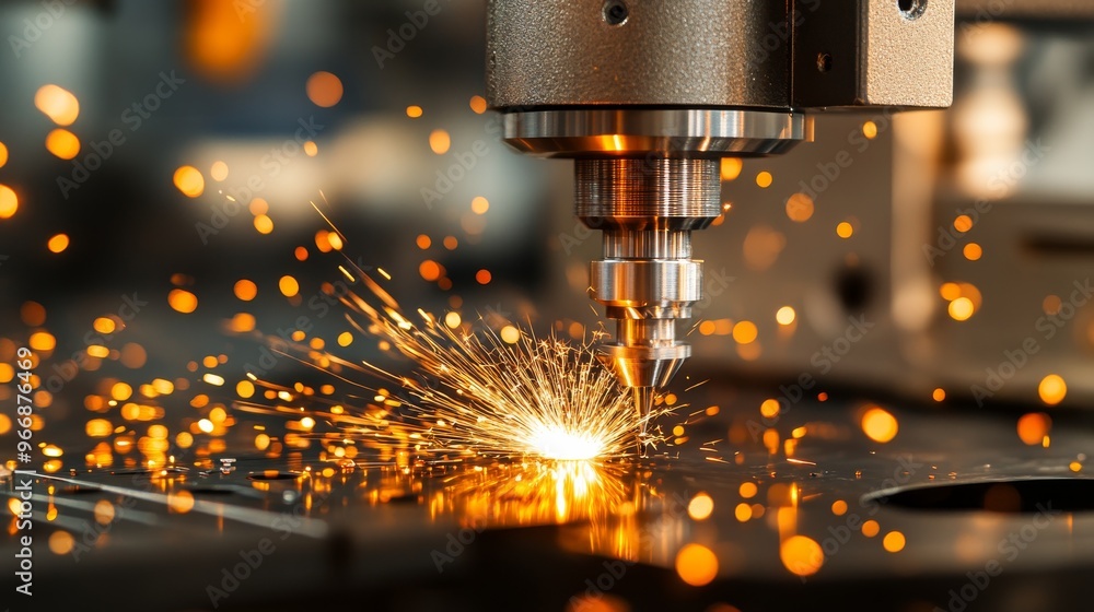Poster a cnc milling machine operates, with a focused view of the cutting tool as it engages with metal, cr