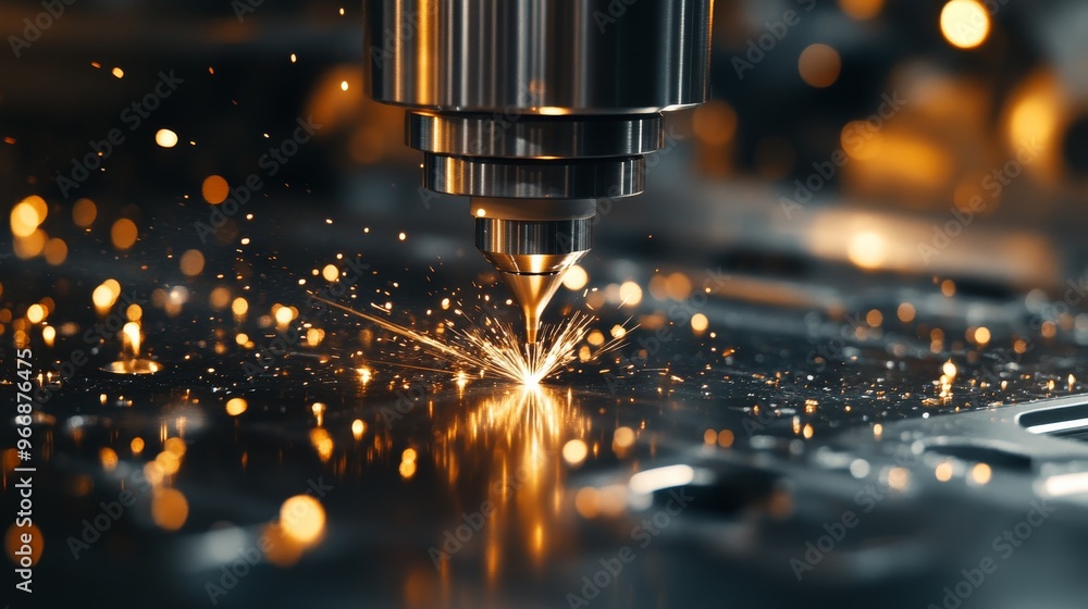 Poster a cnc milling machine actively cuts through metal, creating sparks as the cutting tool engages the m