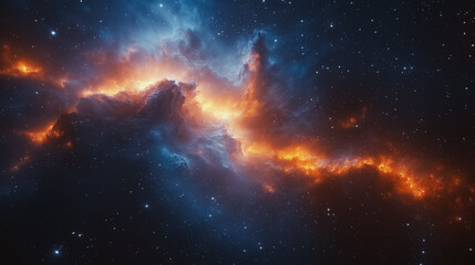 A beautiful and colorful galaxy with orange and blue clouds. The stars are scattered throughout the...