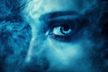 Music single cover, women's tear, mysterious eyes appear from darkness, fog, smoky, dramatic lighting, 1982 film style noisy effect, holographic accent with generative ai