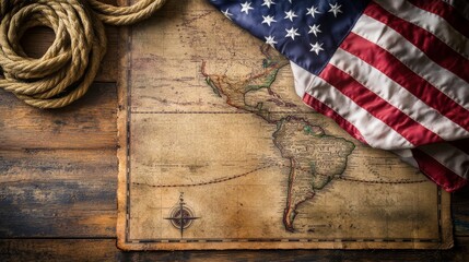 A closeup reveals an American flag and a coiled rope resting on an antique treasure map, highlighting geographical details of the Americas, evoking adventure and exploration