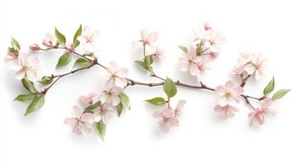 Obraz premium Delicate sakura flowers in soft pink hues bloom on a slender branch, elegantly isolated against a clean white background, capturing the essence of spring