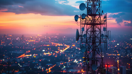 Telecommunications tower overlooking city skyline at sunset with glowing lights