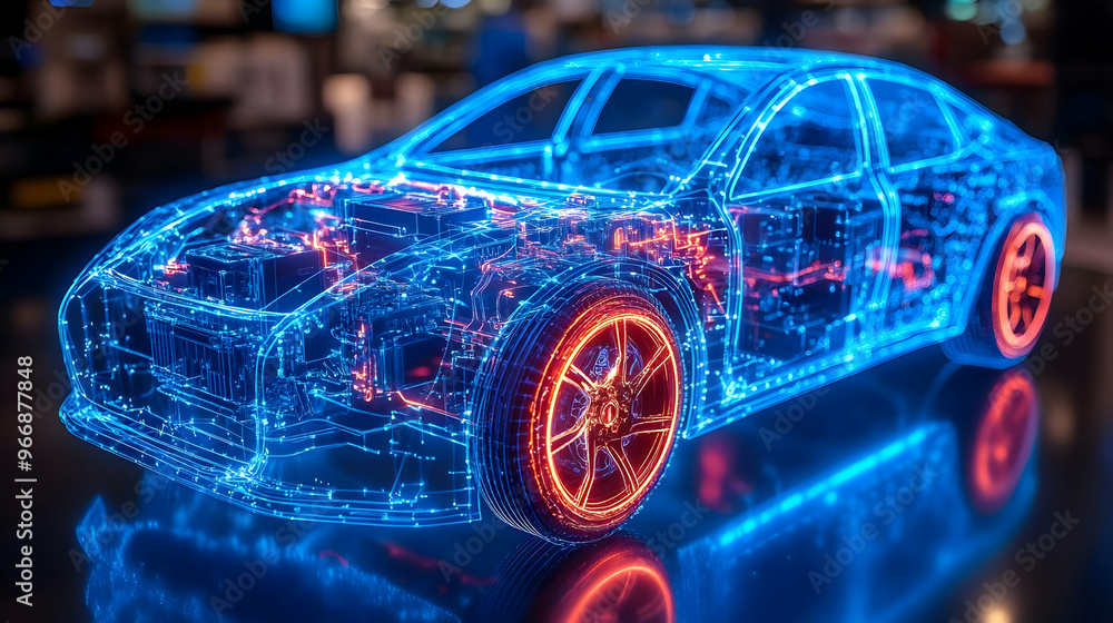 Poster a 3d holographic representation of a car showcasing its internal components and circuitry.