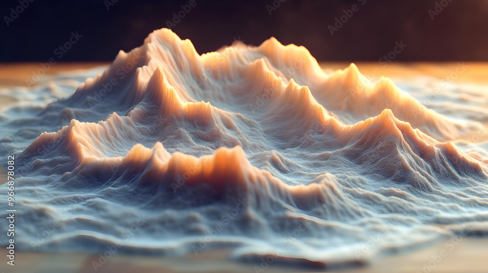 Poster a 3d representation of mountainous terrain with soft, flowing textures and warm lighting.