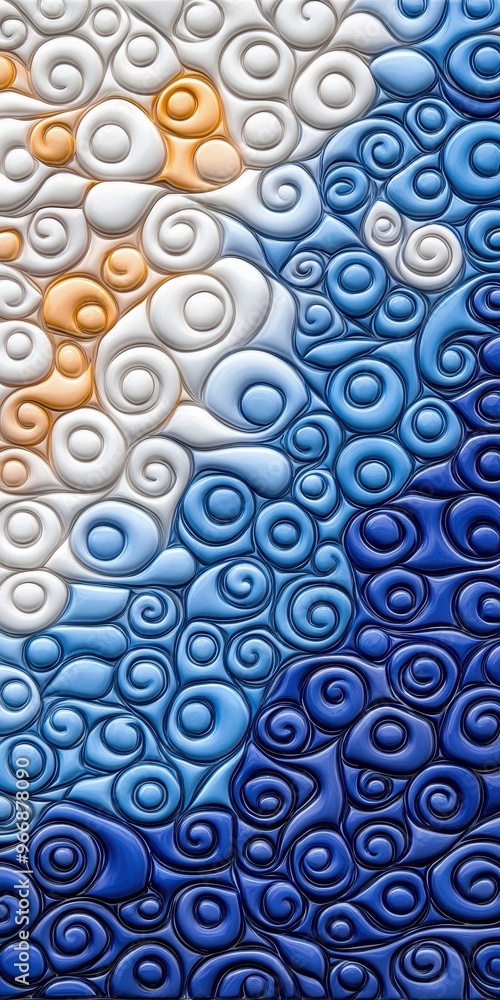 Poster abstract design featuring swirling patterns in blue, white, and orange, creating a visually striking
