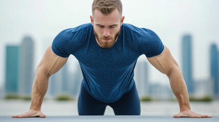 Fototapeta premium Fit man doing bodyweight exercises on rooftop with urban city skyline in the background showcasing an outdoor fitness adventure in the heart of the city