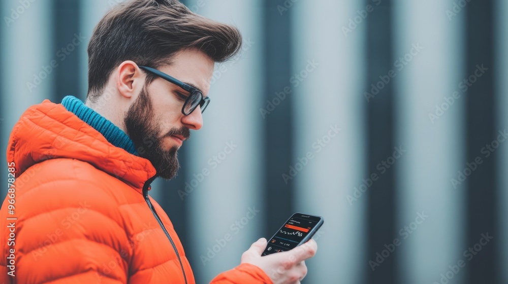 Poster man examining his fitness and health metrics on a modern vibrant digital interface of a fitness trac