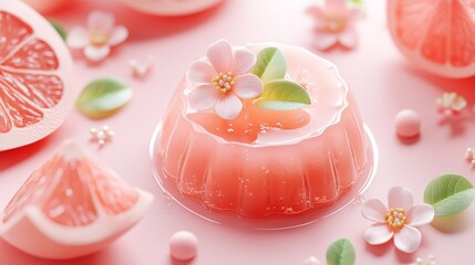 Grapefruit gelatin dessert, delicate floral designs, fruit array