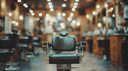 A barber shop interior featuring a central barber chair and salon equipment in a warm atmosphere.