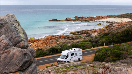 Aerial photo of Campervan parked on the side of scenic road winding around Dunsborough in Southern Western Australia