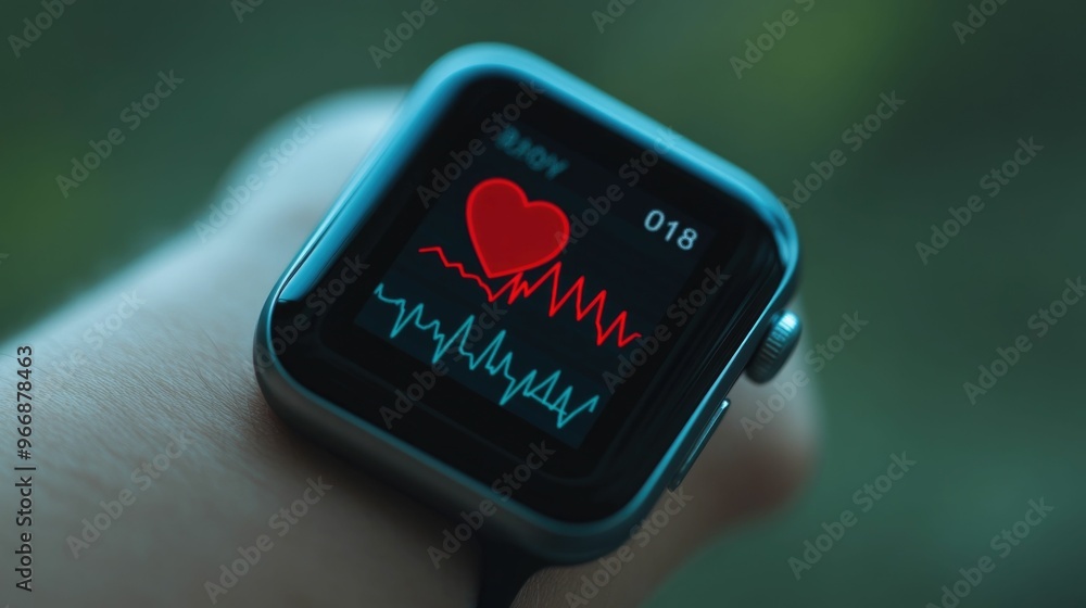 Poster close up of a sleek modern wearable fitness tracker device displaying real time heart rate and step 