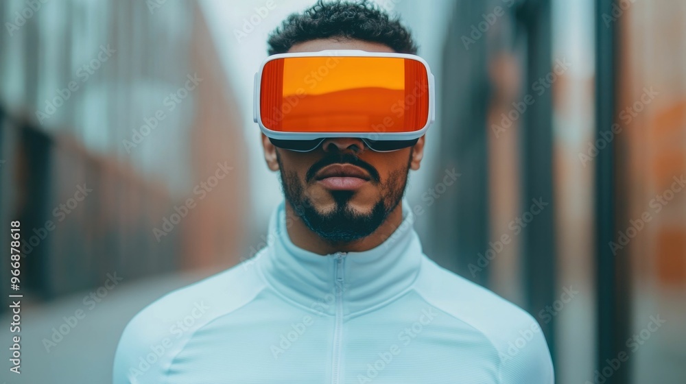 Poster man wearing augmented reality glasses overlaying digital information on the real world during a fitn