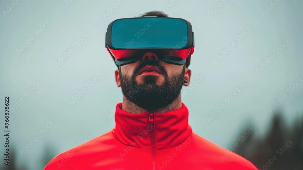 Aufkleber man wearing augmented reality glasses overlaying digital information and data on the real world envi