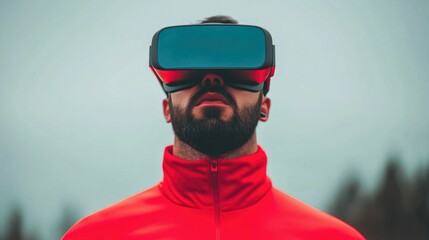 Man Wearing Augmented Reality Glasses Overlaying Digital Information and Data on the Real World Environment During an Outdoor Running Workout or Training Session