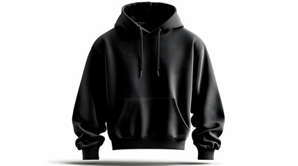 A black hoodie displayed on a plain background, showcasing its design and style.