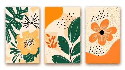 Abstract Floral Pattern Set  Orange Yellow Green Flowers  Modern Art