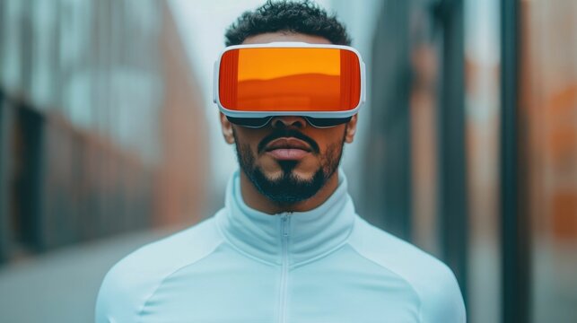 Man wearing augmented reality glasses overlaying digital information on the real world during a fitness run blending physical and virtual elements for an enhanced training experience