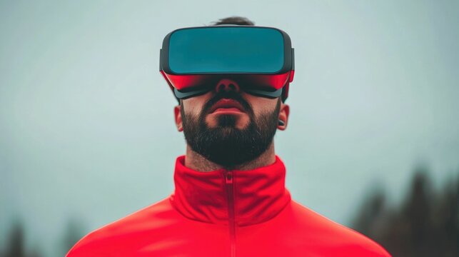 Man Wearing Augmented Reality Glasses Overlaying Digital Information and Data on the Real World Environment During an Outdoor Running Workout or Training Session