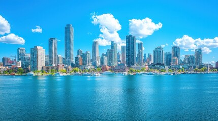 Waterfront City Skyline with Boats and Blue Sky