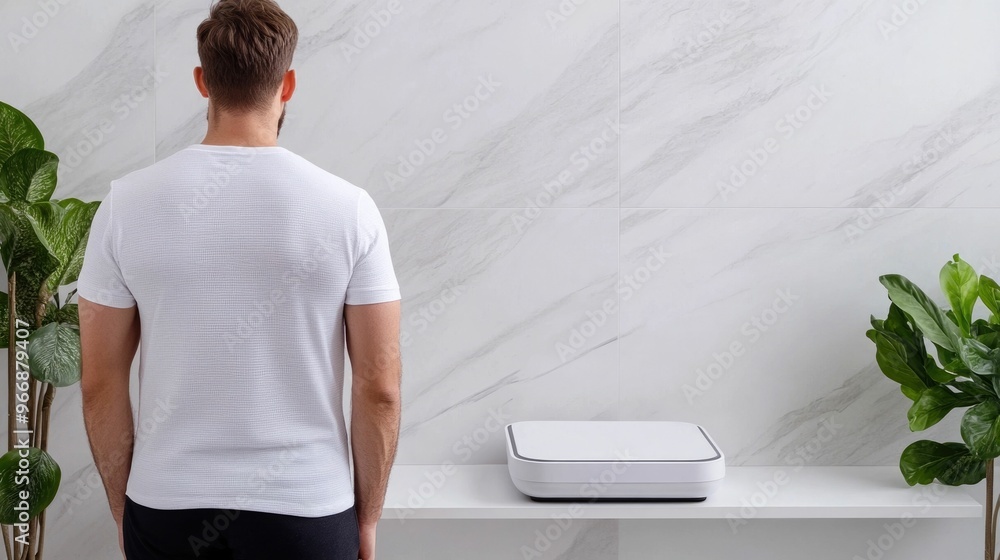 Poster a modern bathroom setup featuring a smart scale for comprehensive health tracking allowing the user 