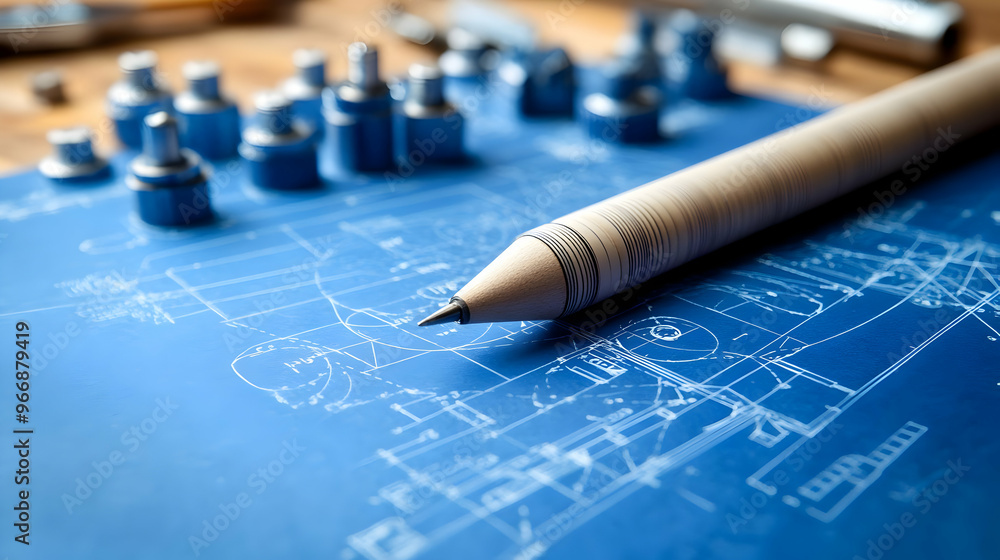 Poster a blueprint with a pen and mechanical components, illustrating design and engineering.
