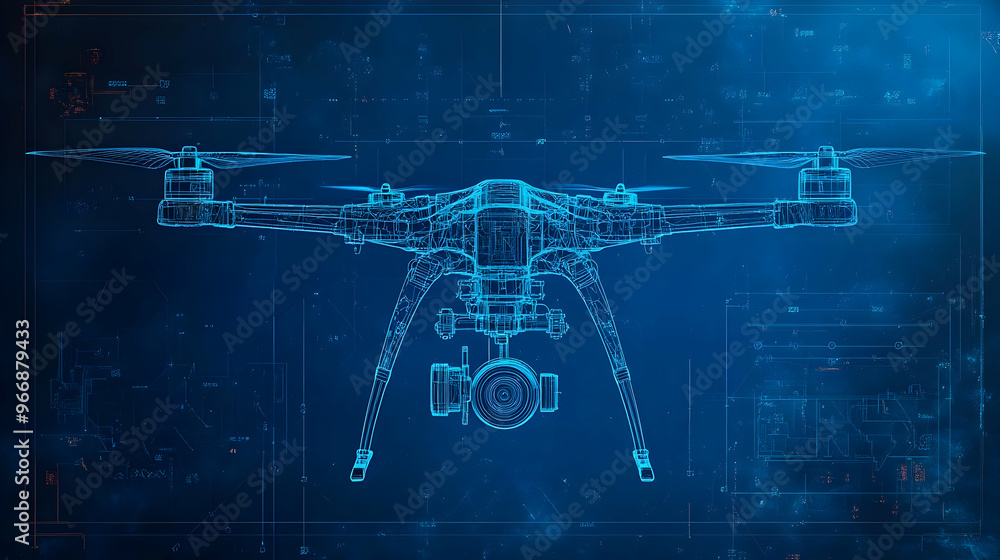 Poster a blueprint-style illustration of a drone with a high-tech background.