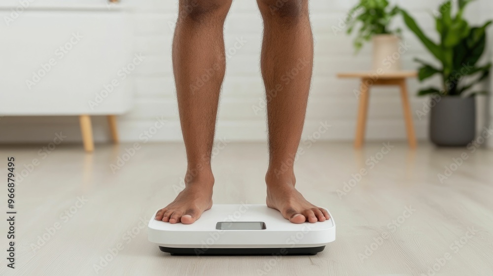 Poster man using a smart scale to track his weight and body composition data in a modern stylish bathroom s