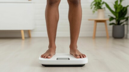 Man using a smart scale to track his weight and body composition data in a modern stylish bathroom setting