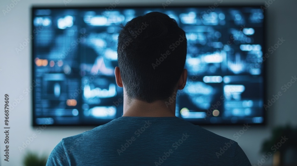 Poster man using an interactive virtual personal fitness trainer displayed on a large screen in his modern 