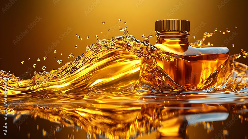 Poster a bottle of golden liquid surrounded by splashing water, creating a dynamic visual effect.